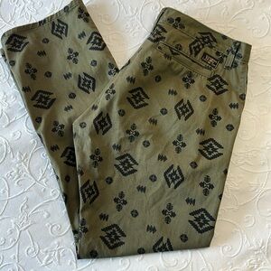 Silence Is Golden Olive Green Straight‎ Chino Pants w/ Black Navajo Print-Rare!